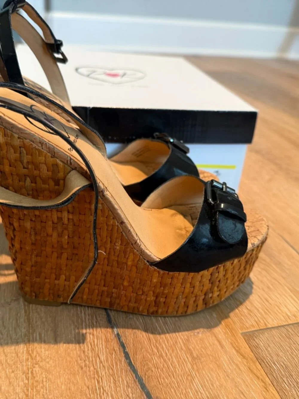 Penny Loves Kenny Black Patent Espadrille Wedges Sandals with Buckle With Box